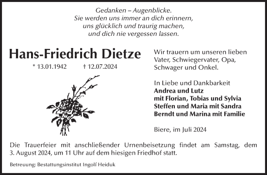 Traueranzeige von Hans-Friedrich Dietze von Volksstimme Schönebeck