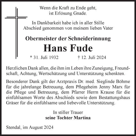 Traueranzeige von Hans Fude von Volksstimme Altmark Ost