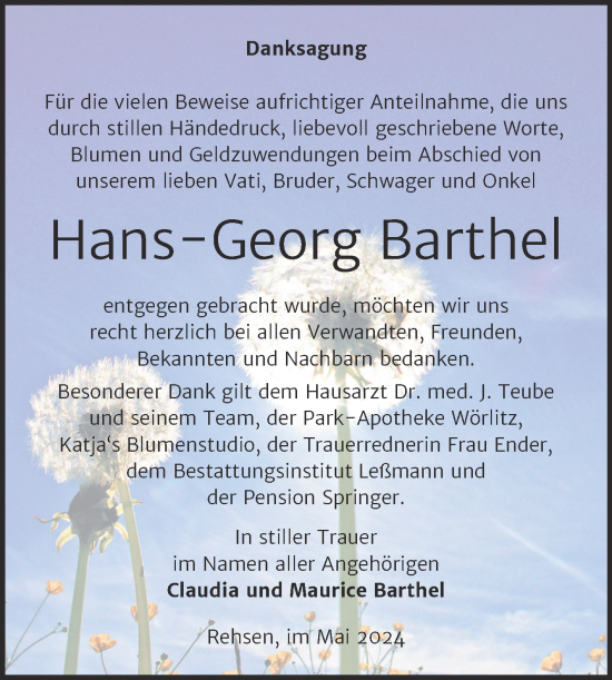 Traueranzeige von Hans-Georg Barthel von Trauerkombi Wittenberg