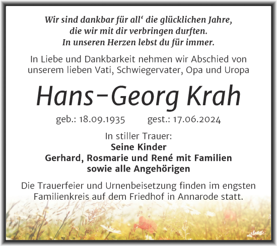 Traueranzeige von Hans-Georg Krah von Trauerkombi Mansfelder Land