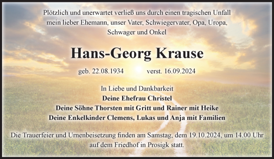 Traueranzeige von Hans-Georg Krause von Trauerkombi Köthen