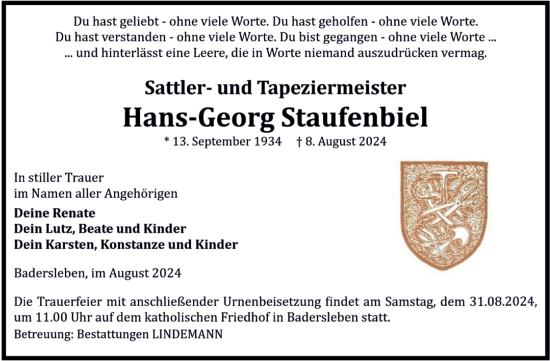Traueranzeige von Hans-Georg Staufenbiel von Volksstimme Halberstadt