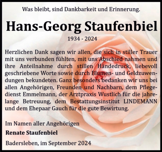 Traueranzeige von Hans-Georg Staufenbiel von Volksstimme Halberstadt