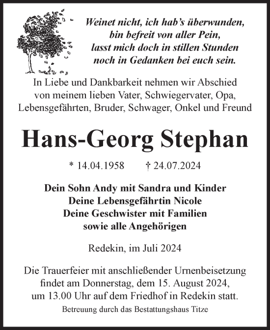 Traueranzeige von Hans-Georg Stephan von Volksstimme Burg/Genthin