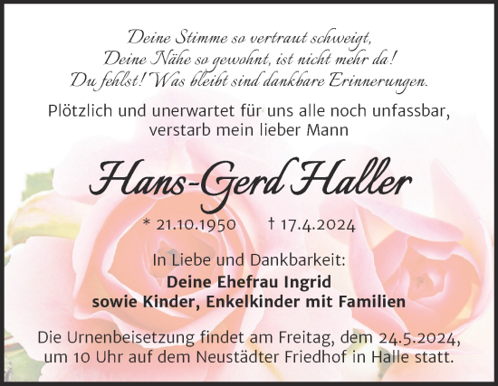 Traueranzeige von Hans-Gerd Haller von Mitteldeutsche Zeitung Halle/Saalkreis