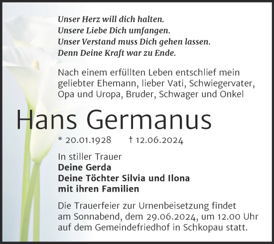 Traueranzeige von Hans Germanus von Trauerkombi Merseburg