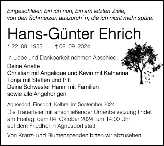 Traueranzeige von Hans-Günter Ehrich von Trauerkombi Sangerhausen
