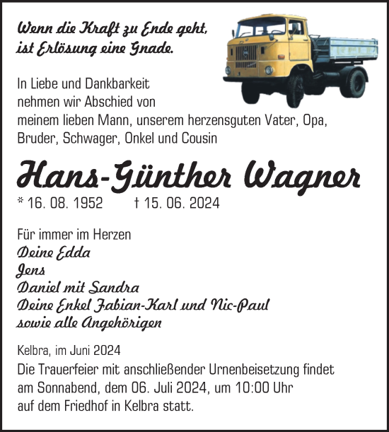 Traueranzeige von Hans-Günther Wagner von Trauerkombi Sangerhausen
