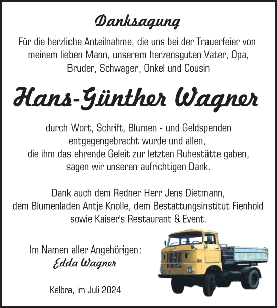 Traueranzeige von Hans-Günther Wagner von Trauerkombi Sangerhausen