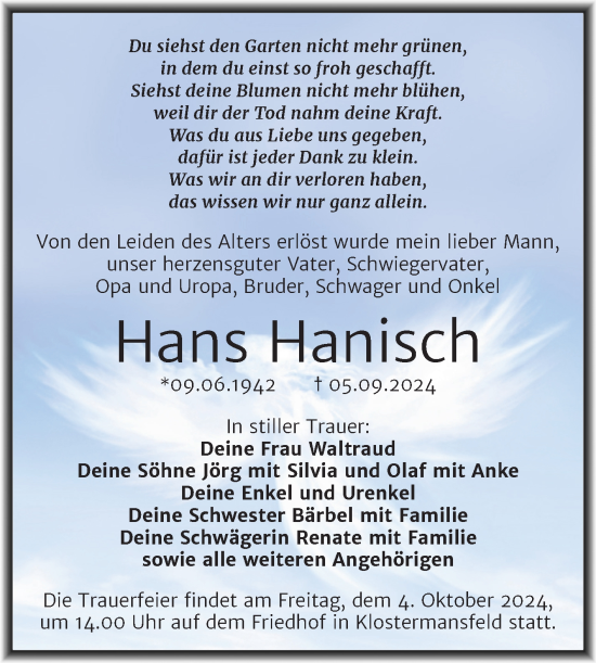 Traueranzeige von Hans Hanisch von Trauerkombi Mansfelder Land