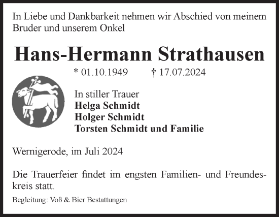 Traueranzeige von Hans-Hermann Strathausen von Volksstimme Wernigerode