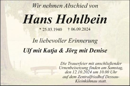 Traueranzeige von Hans Hohlbein von Trauerkombi Dessau