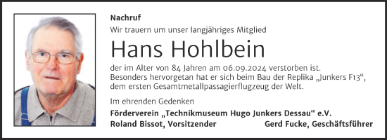 Traueranzeige von Hans Hohlbein von Mitteldeutsche Zeitung Dessau-Roßlau