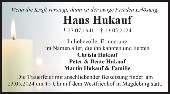 Traueranzeige von Hans Hukauf von Volksstimme Burg/Genthin