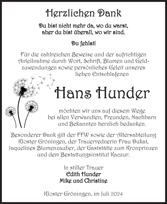 Traueranzeige von Hans Hunder von Volksstimme Oschersleben/Wanzleben