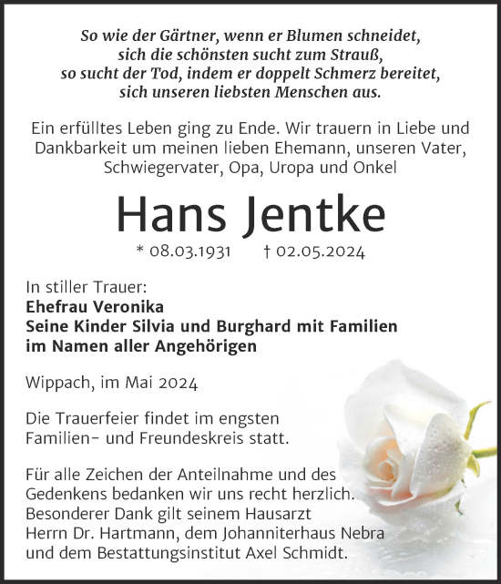 Traueranzeige von Hans Jentke von Super Sonntag Naumburg/Nebra
