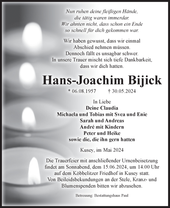 Traueranzeige von Hans-Joachim Bijick von Volksstimme Altmark West