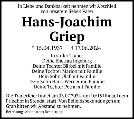 Traueranzeige von Hans-Joachim Griep von Volksstimme Altmark Ost