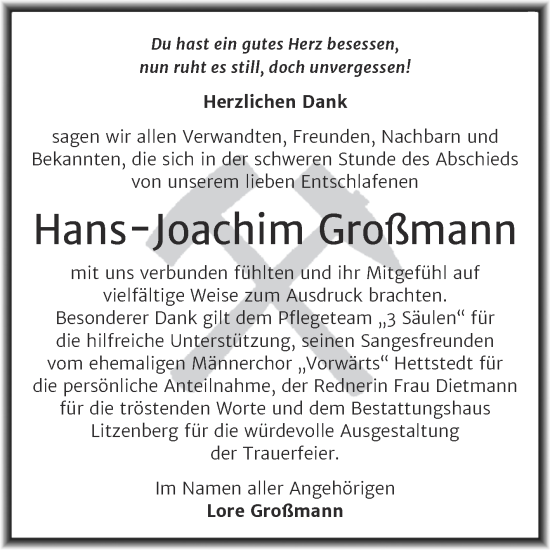 Traueranzeige von Hans-Joachim Großmann von Trauerkombi Mansfelder Land