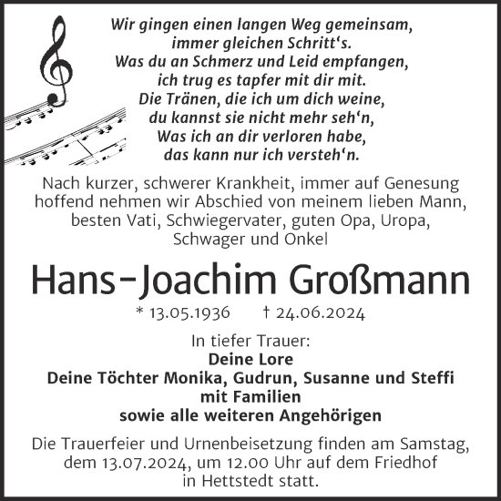Traueranzeige von Hans-Joachim Großmann von Trauerkombi Mansfelder Land