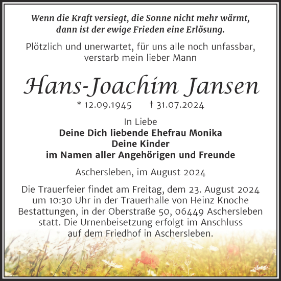 Traueranzeige von Hans-Joachim Jansen von Trauerkombi Aschersleben