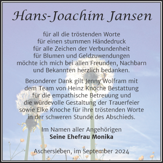Traueranzeige von Hans-Joachim Jansen von Trauerkombi Aschersleben
