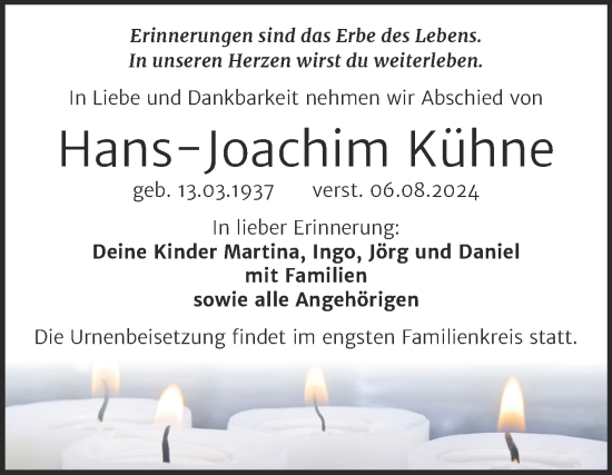 Traueranzeige von Hans-Joachim Kühne von Trauerkombi Weißenfels