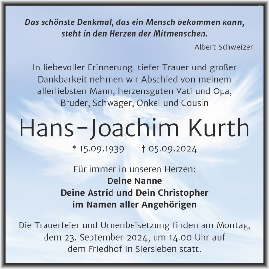 Traueranzeige von Hans-Joachim Kurth von Trauerkombi Mansfelder Land