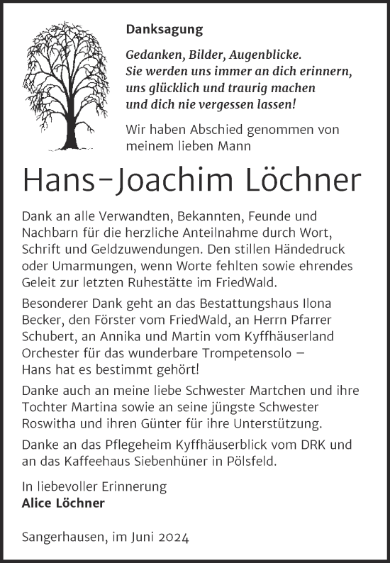 Traueranzeige von Hans-Joachim Löchner von Trauerkombi Sangerhausen