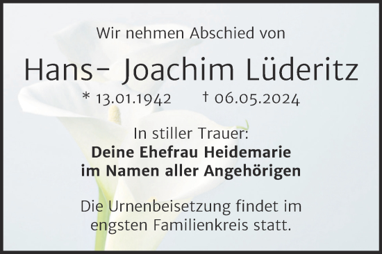 Traueranzeige von Hans-Joachim Lüderitz von Super Sonntag Wittenberg