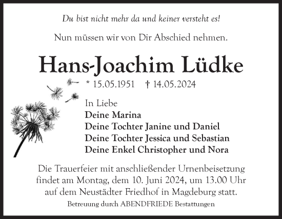 Traueranzeige von Hans-Joachim Lüdke von Volksstimme Magdeburg