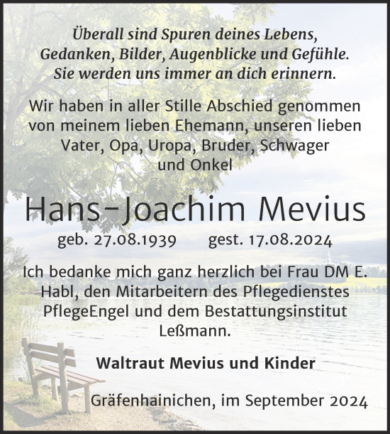 Traueranzeige von Hans-Joachim Mevius von Trauerkombi Wittenberg