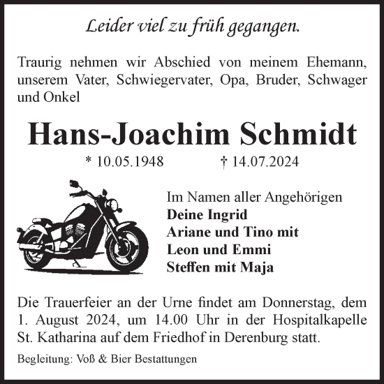Traueranzeige von Hans-Joachim Schmidt von Volksstimme Wernigerode