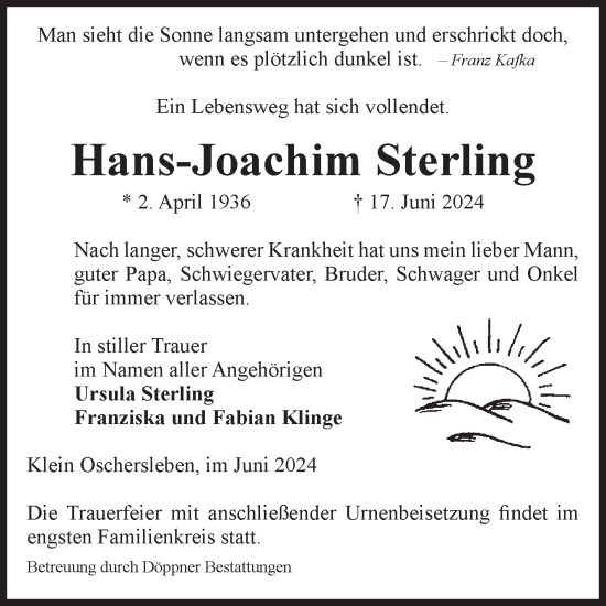 Traueranzeige von Hans-Joachim Sterling von Volksstimme Oschersleben/Wanzleben