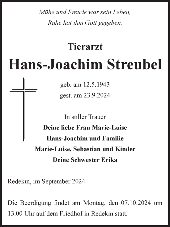 Traueranzeige von Hans-Joachim Streubel von Volksstimme Altmark Ost