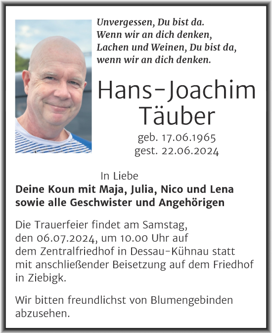 Traueranzeige von Hans-Joachim Täuber von Mitteldeutsche Zeitung Dessau-Roßlau