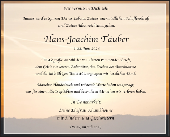 Traueranzeige von Hans-Joachim Täuber von Mitteldeutsche Zeitung Dessau-Roßlau