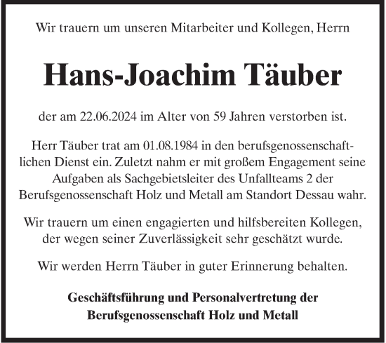 Traueranzeige von Hans-Joachim Täuber von Mitteldeutsche Zeitung Dessau-Roßlau