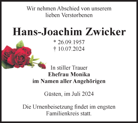 Traueranzeige von Hans-Joachim Zwicker von Volksstimme Staßfurt