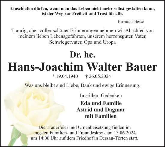 Traueranzeige von Hans-Joachim Walter Bauer von Trauerkombi Dessau