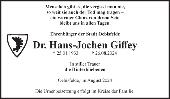 Traueranzeige von Hans-Jochen Giffey von Volksstimme Altmark West