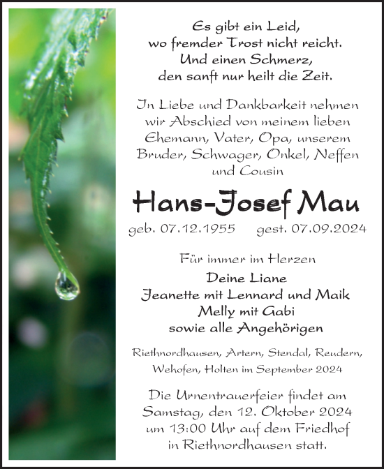 Traueranzeige von Hans-Josef Mau von Trauerkombi Sangerhausen