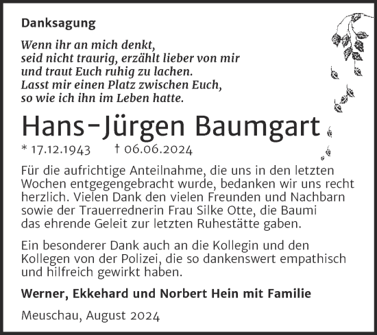 Traueranzeige von Hans-Jürgen Baumgart von Trauerkombi Merseburg
