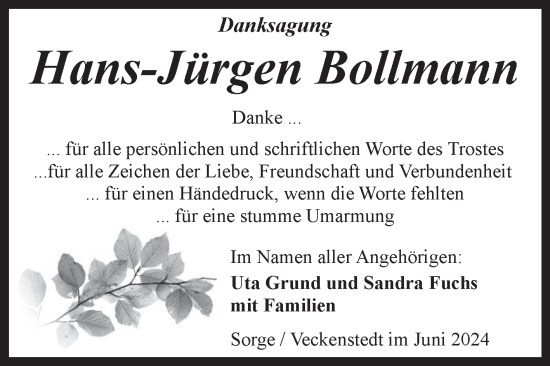 Traueranzeige von Hans-Jürgen Bollmann von Volksstimme Wernigerode