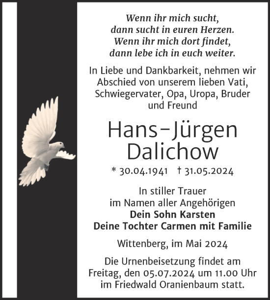 Traueranzeige von Hans-Jürgen Dalichow von Trauerkombi Wittenberg