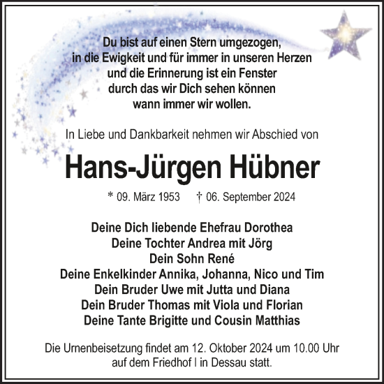 Traueranzeige von Hans-Jürgen Hübner von Trauerkombi Dessau