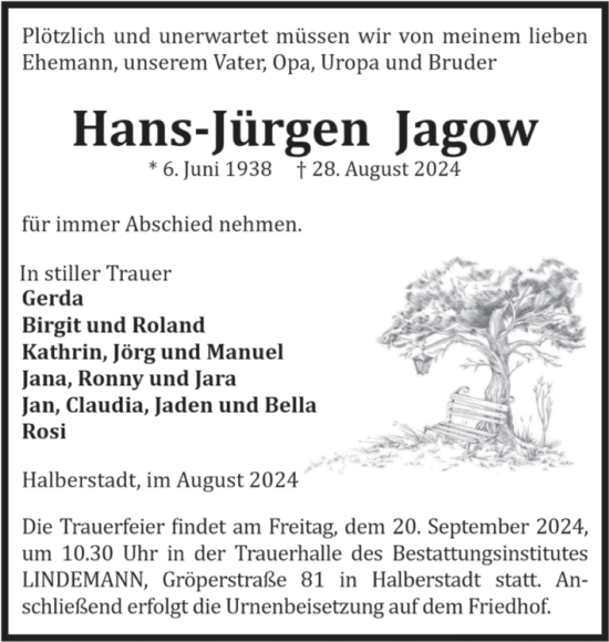 Traueranzeige von Hans-Jürgen Jagow von Volksstimme Halberstadt