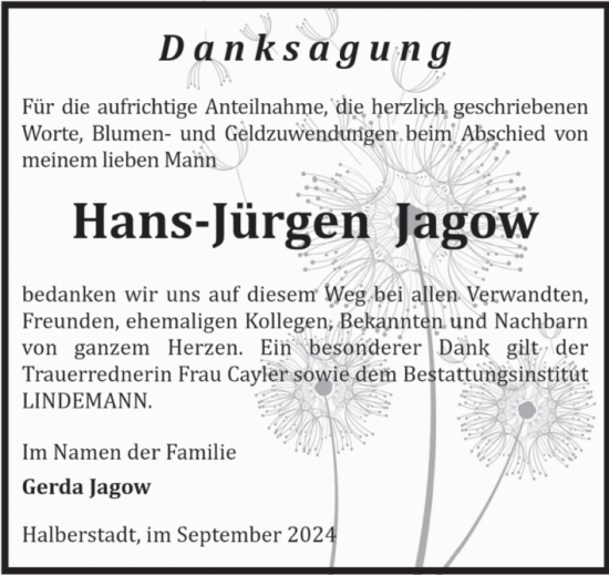 Traueranzeige von Hans-Jürgen Jagow von Volksstimme Halberstadt