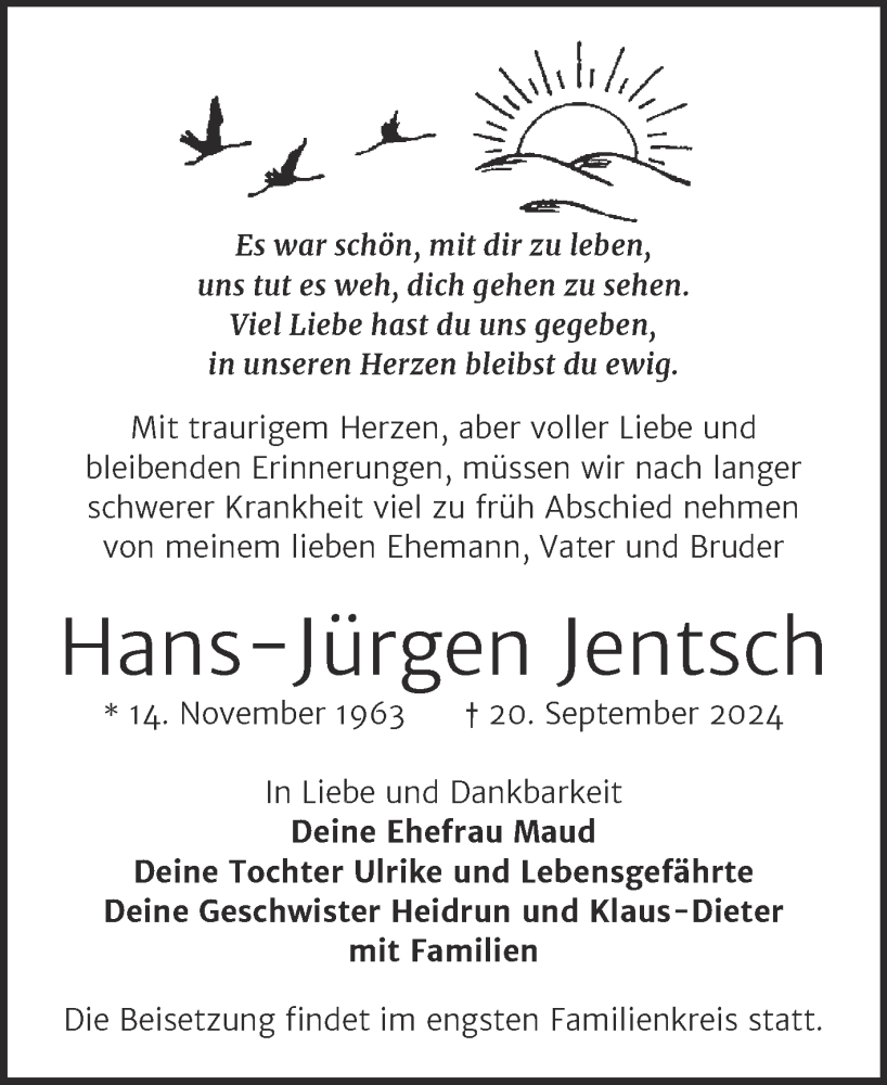  Traueranzeige für Hans-Jürgen Jentsch vom 28.09.2024 aus Trauerkombi Zeitz