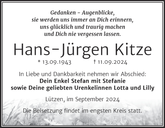 Traueranzeige von Hans-Jürgen Kitze von Trauerkombi Weißenfels